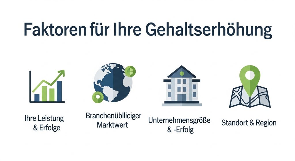 Infografik zeigt die vier wichtigsten Faktoren für eine Gehaltserhöhung nach der Probezeit.