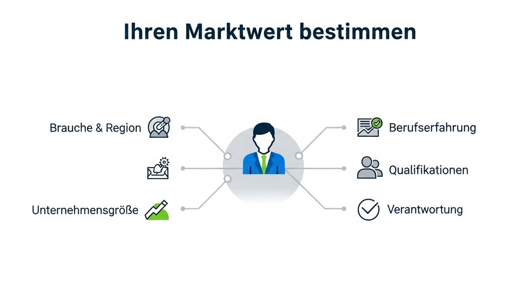 Infografik zur Ermittlung des Marktwerts eines Gehalts. Klare, moderne Infografik mit dem Titel 'Ihren Marktwert bestimmen'. In der Mitte steht ein stilisierter Mensch. Davon ausgehend führen Linien zu Icons und kurzen deutschen Texten: 'Branche & Region', 'Berufserfahrung', 'Unternehmensgröße', 'Qualifikationen' und 'Verantwortung'. Die Farbpalette ist seriös (Blau, Grau, Akzentfarbe Grün). Der Stil ist flach und minimalistisch, alle Texte sind auf Deutsch und gut lesbar.
