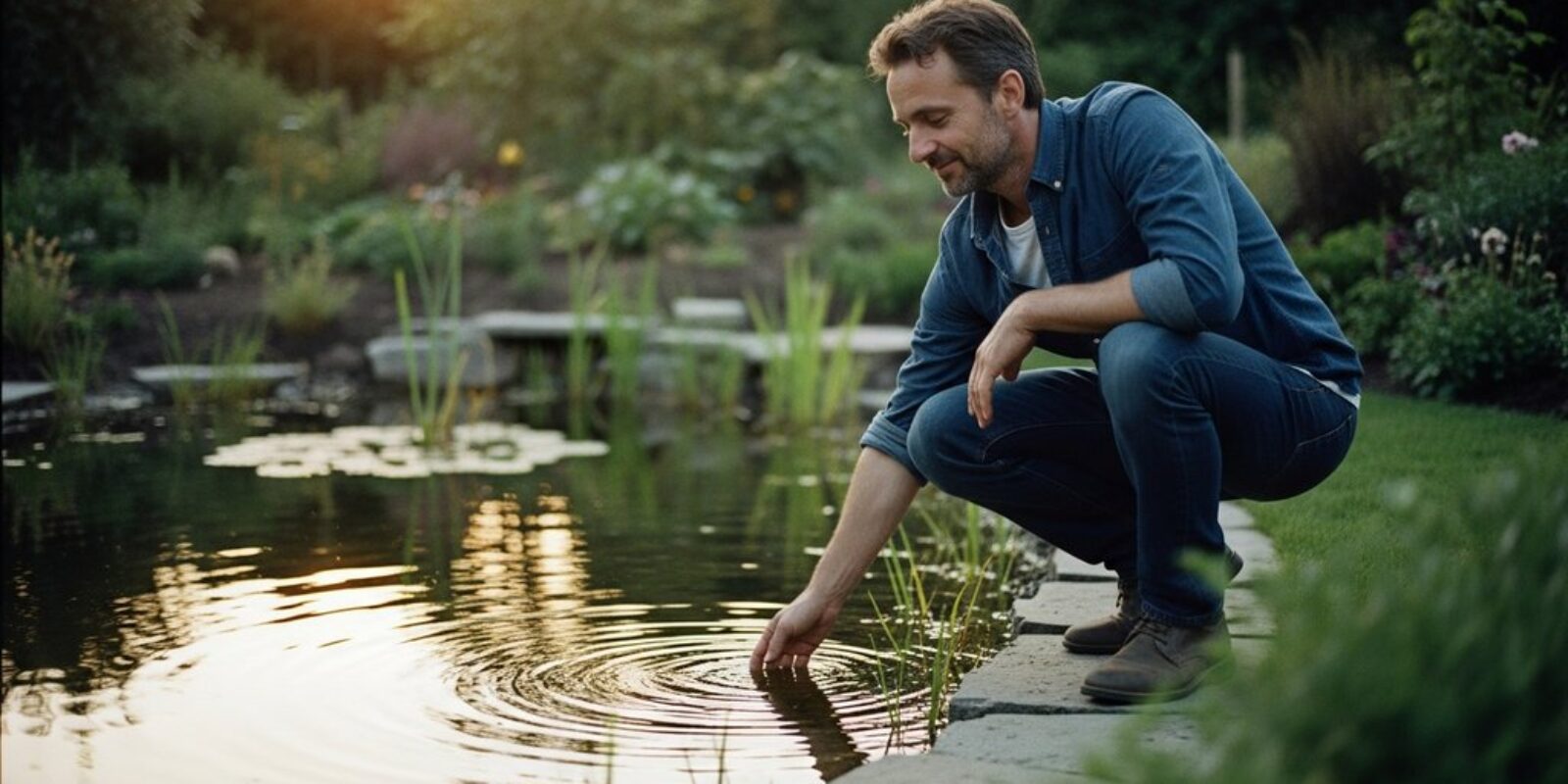 Mann betrachtet zufrieden seinen neu angelegten, naturnahen Gartenteich im Abendlicht.