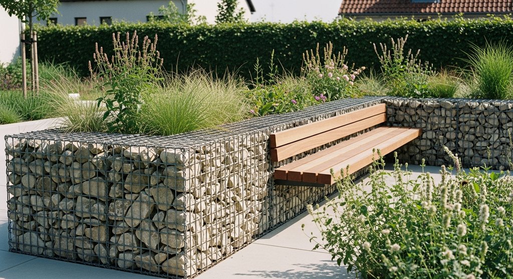 Moderner Garten mit Gabionen als Sichtschutz und integrierter Sitzbank. DSLR Fotografie, Environmental Portrait. Ein stilvoller Gartenbereich mit einer niedrigen Gabionenmauer, die als Sichtschutz dient. Die Gabionen sind mit hellen Natursteinen gefĂŒllt. In die Mauer ist eine Holzbank bĂŒndig integriert. GrĂ€ser und Stauden wachsen um die Gabionen herum und lockern die massive Struktur auf. Die Szene wirkt architektonisch, aber dennoch einladend und naturnah. True-to-life colors, slight film grain, shot on a sunny day with soft shadows.