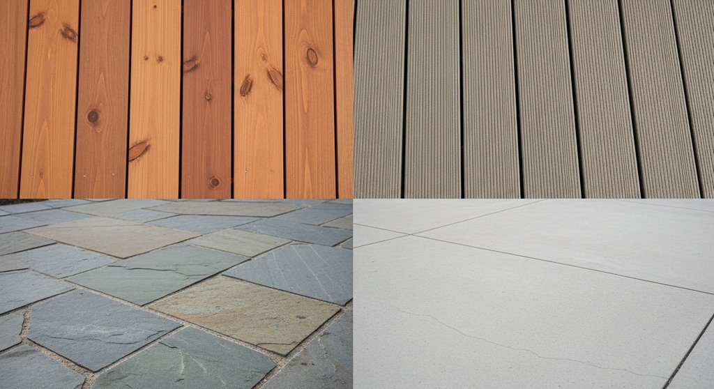 Nahaufnahme von vier verschiedenen Terrassenböden: Holz, WPC, Stein und Beton.