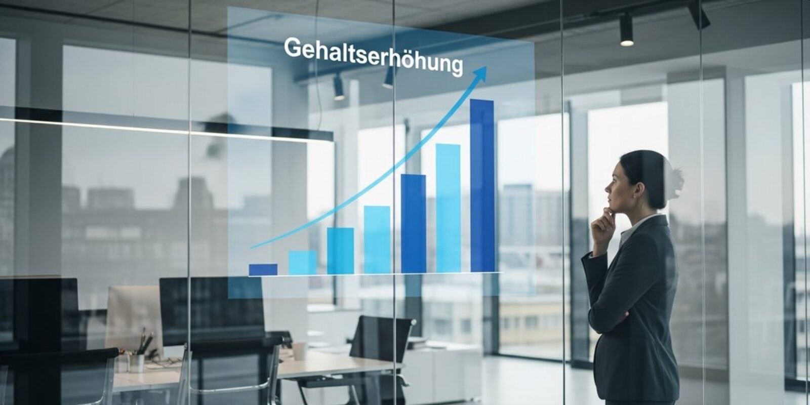 Realistische Gehaltserhöhung: Eine Person betrachtet nachdenklich eine aufsteigende Grafik an einer Glaswand.