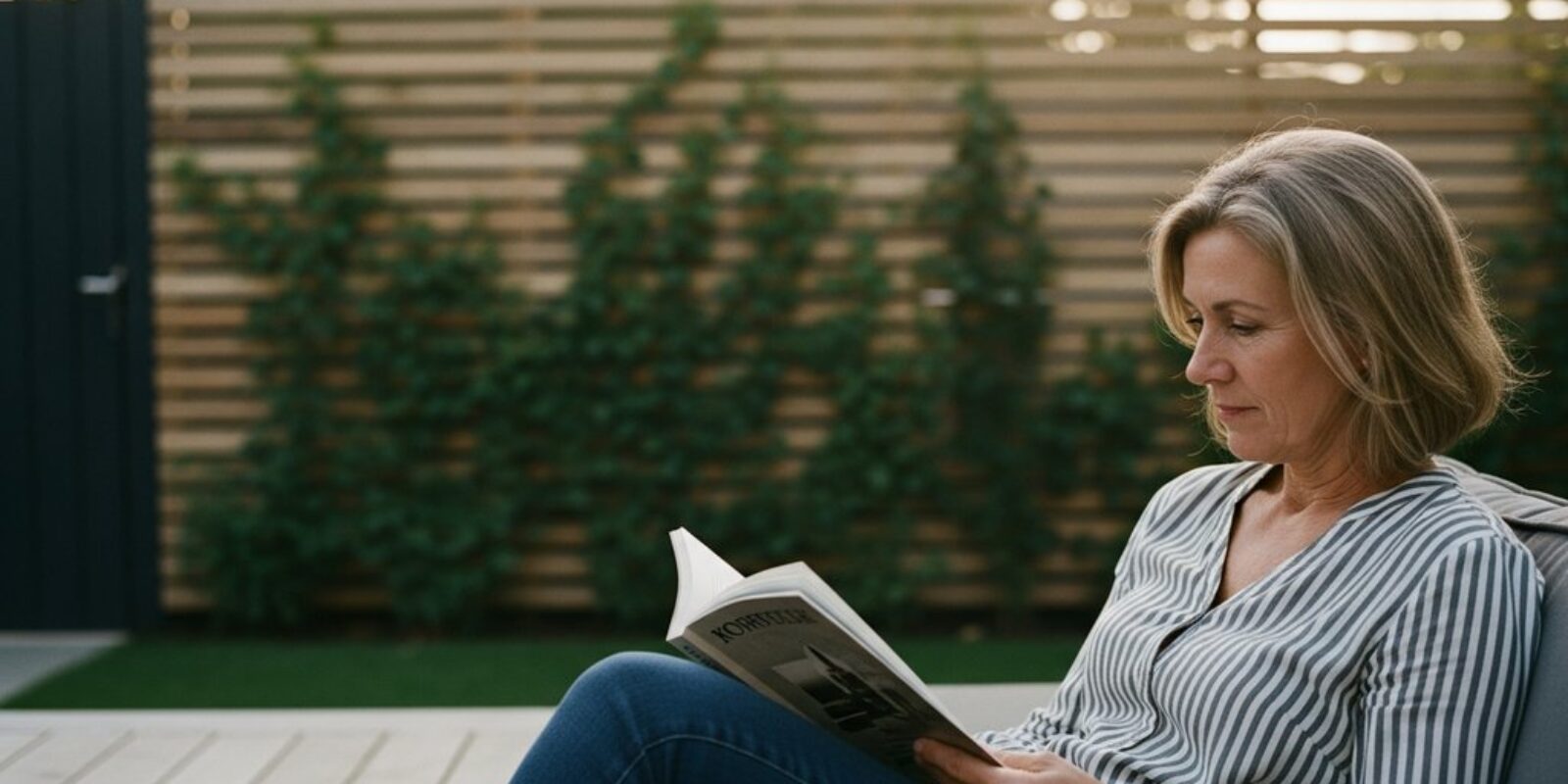 Sichtschutz Garten Ideen für eine private Wohlfühloase in einem modernen Garten. High resolution photography, Medium Shot einer entspannten Frau mittleren Alters, die auf einer stilvollen Holzterrasse ein Buch liest. Im unscharfen Hintergrund ist ein moderner Sichtschutz aus horizontalen Holzlatten zu sehen, der mit Kletterpflanzen bewachsen ist. Das warme Licht der späten Nachmittagssonne schafft eine gemütliche, intime Atmosphäre. Der Fokus liegt auf dem Gefühl der Geborgenheit und Ruhe. Editorial Style, shot on 35mm camera, Kodak Portra 400 style, muted tones, visible skin texture, depth of field.