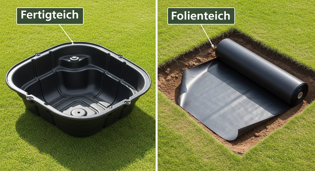 Vergleich zwischen einem schwarzen Fertigteich-Becken und einer Rolle Teichfolie.