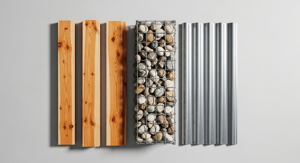 Verschiedene Materialien zum Anlegen eines Hochbeets in der Draufsicht: Holz, Stein und Metall.