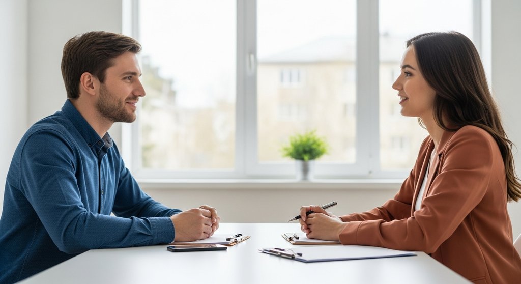 Zwei Personen in einem positiven Gehaltsgespräch am Tisch. Editorial Style, Shot on DSLR, High resolution photography. Ein Mann und eine Frau sitzen sich in einem hellen, modernen Besprechungsraum an einem Tisch gegenüber. Beide lächeln dezent und hören einander aufmerksam zu. Die Körpersprache ist offen und positiv, nicht konfrontativ. Es ist ein Gespräch unter Partnern. True-to-life colors, Depth of field, Candid shot, sichtbare Hauttextur. Die Stimmung ist konstruktiv und professionell.