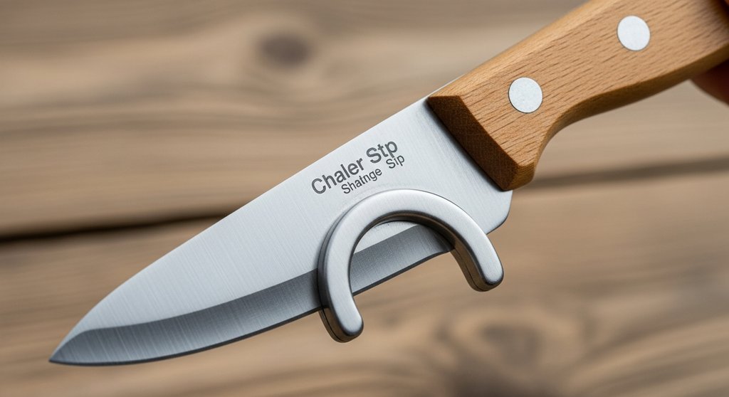 Detailaufnahme der Sicherheitsmerkmale eines Schnitzmessers für Kinder: abgerundete Spitze und Fingerschutz.