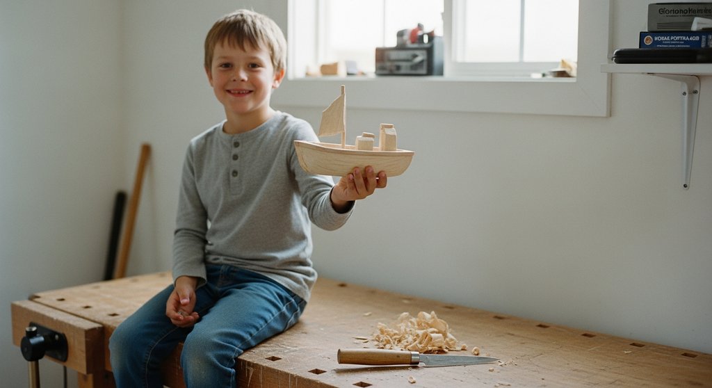 Ein stolzes Kind zeigt sein erstes selbst geschnitztes Holzboot – ein Erfolgserlebnis beim Schnitzen.
