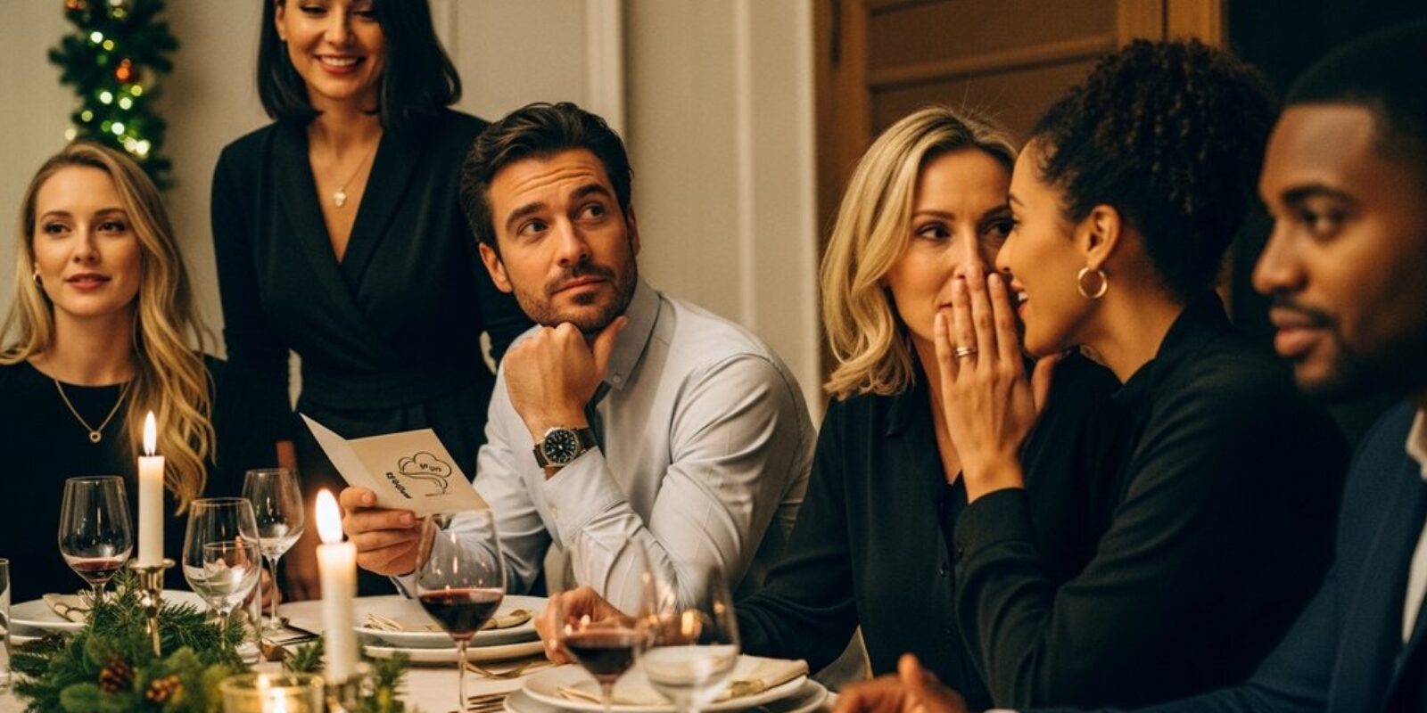 Eine Gruppe von Kollegen bei einem Krimidinner auf einer Weihnachtsfeier, vertieft in ihre Rollen.