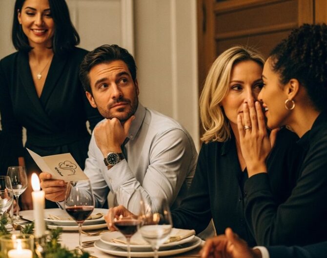 Eine Gruppe von Kollegen bei einem Krimidinner auf einer Weihnachtsfeier, vertieft in ihre Rollen.