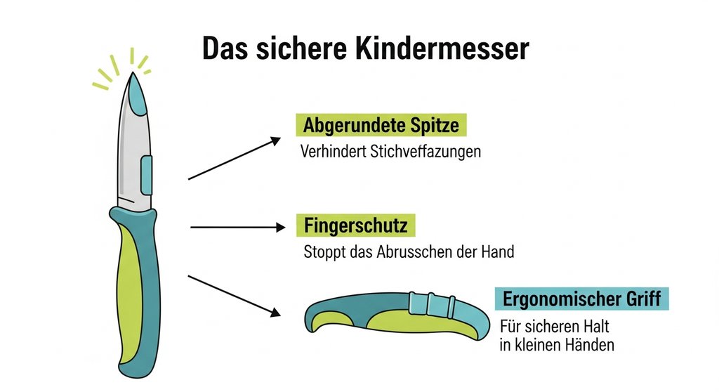 Infografik, die die drei wichtigsten Sicherheitsmerkmale eines Schnitzmessers für Kinder erklärt.