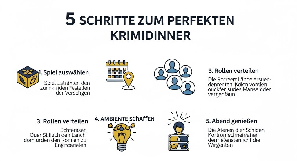 Infografik mit 5 Schritten zur Planung einer Krimidinner-Weihnachtsfeier.
