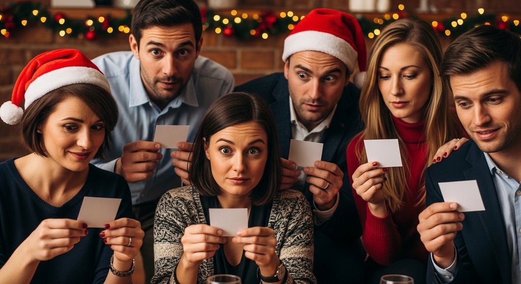 Mitarbeiter lesen konzentriert ihre Rollenkarten während eines Krimidinner-Events im Büro.